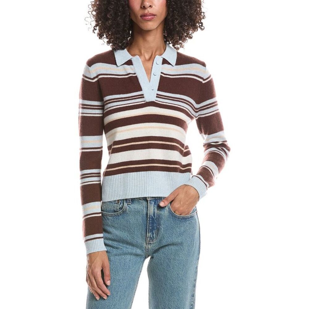 Brodie Cashmere Womens Slim Fit Stripey Polo Cashmere Sweater, Brown